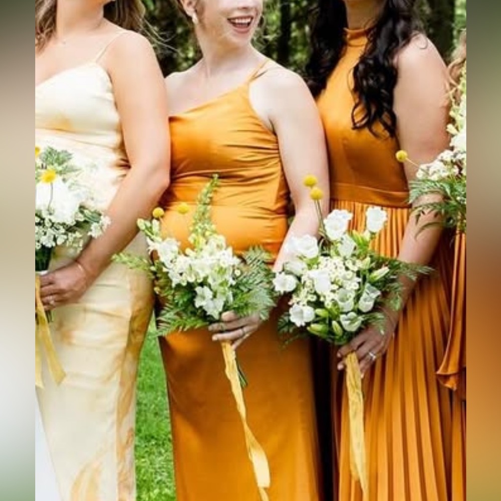 Azazie One Shoulder Dress in Mustard Yellow bump friendly!
